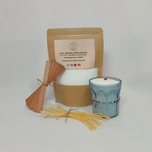 Kit de cera perdida 100% natural, incluye cera ecológica sin aditivos, mechas de madera y un recipiente de vidrio. Ideal para hacer velas artesanales.