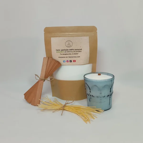 Kit de cera perdida 100% natural, incluye cera ecológica sin aditivos, mechas de madera y un recipiente de vidrio. Ideal para hacer velas artesanales.