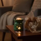 Lámpara de aromaterapia verde con velas encendidas sobre una mesa de madera, junto a un paquete de velas blancas, en un ambiente acogedor y relajante.