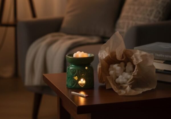 Lámpara de aromaterapia verde con velas encendidas sobre una mesa de madera, junto a un paquete de velas blancas, en un ambiente acogedor y relajante.