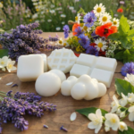 Bodegón de estilo rústico con tabletas de wax melts de cera de soja blanca sobre fondo texturizado. Composición con elementos de madera y decoración natural que evoca la frescura y elegancia de los aromas botánicos y florales.