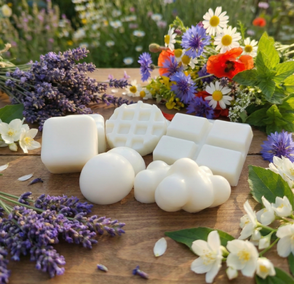 Bodegón de estilo rústico con tabletas de wax melts de cera de soja blanca sobre fondo texturizado. Composición con elementos de madera y decoración natural que evoca la frescura y elegancia de los aromas botánicos y florales.
