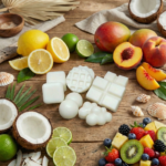 Bodegón natural sobre mesa de madera con tabletas de wax melts de cera de soja blanca. La composición incluye elementos frescos como rodajas de limón, coco y melocotón, representando una variedad de aromas cítricos y tropicales para el hogar.