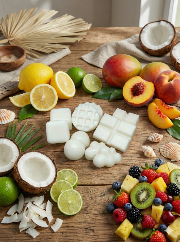 Bodegón natural sobre mesa de madera con tabletas de wax melts de cera de soja blanca. La composición incluye elementos frescos como rodajas de limón, coco y melocotón, representando una variedad de aromas cítricos y tropicales para el hogar.