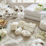 Bodegón con un surtido de wax melts de cera de soja blanca en formas de gofre, tableta y nube sobre una tela de lino. Están rodeados de ramas de algodón, toallas blancas, flores blancas y cítricos secos, con un fondo luminoso de ropa tendida que evoca olor a limpio.