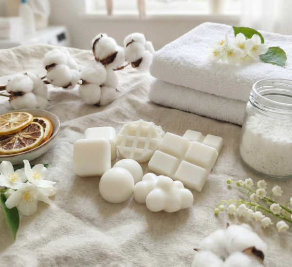 Bodegón con un surtido de wax melts de cera de soja blanca en formas de gofre, tableta y nube sobre una tela de lino. Están rodeados de ramas de algodón, toallas blancas, flores blancas y cítricos secos, con un fondo luminoso de ropa tendida que evoca olor a limpio.