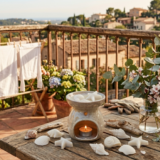 imagen de una terraza con ropa tendida y un quemador sobre una mesa