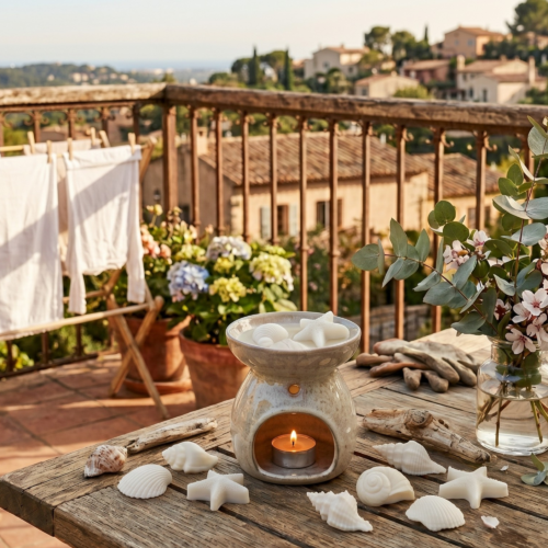 imagen de una terraza con ropa tendida y un quemador sobre una mesa